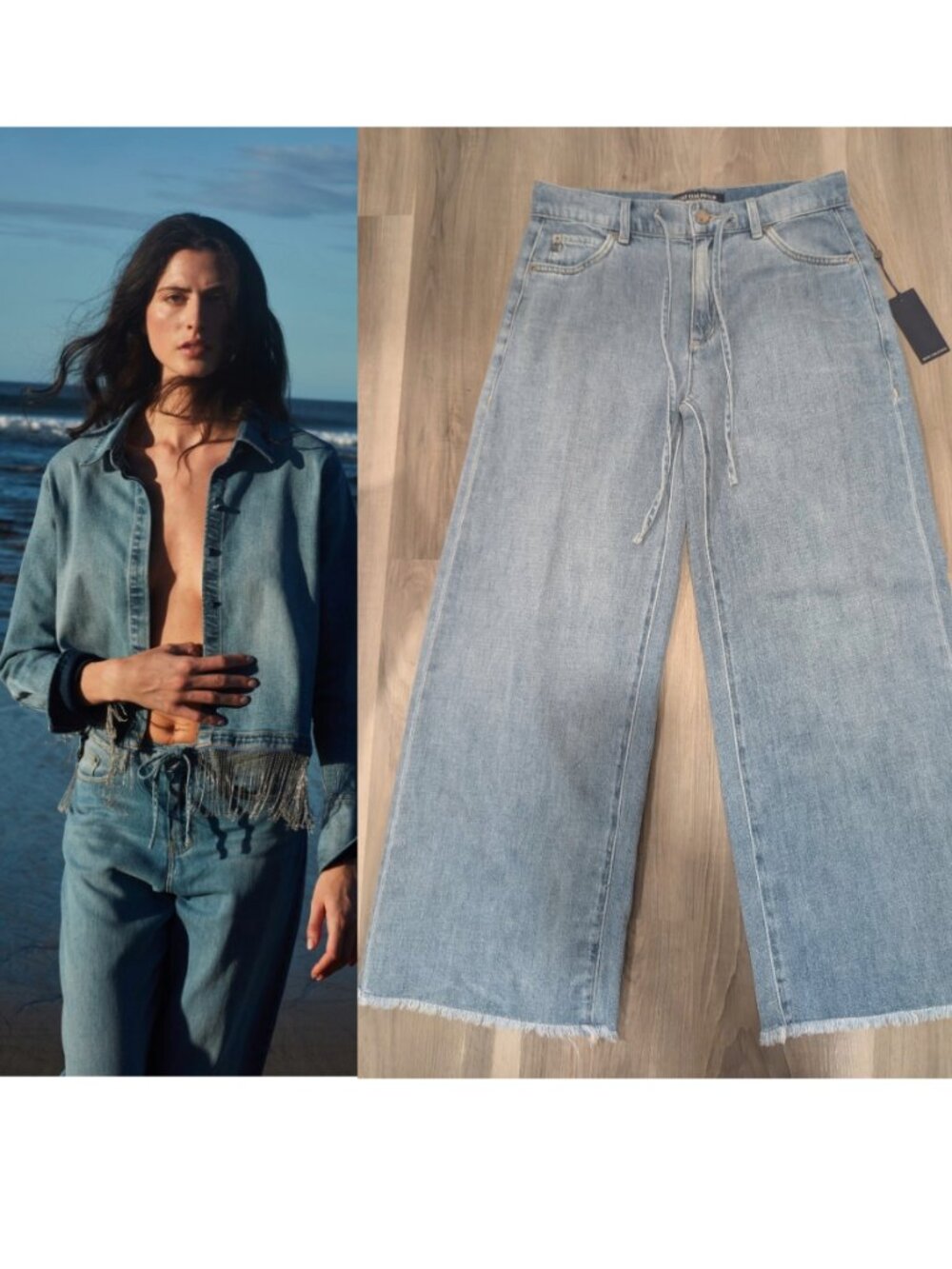 Kobi Halperin | Kim Frayed Wide Leg Drawstring Crop Jeans In Light Indigo